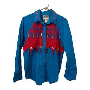 VTG Wrangler Western Shirt Womens L Blue Beaded Embellished Button Rodeo Festiva